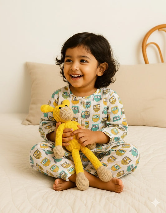 Child holding a yellow toy giraffe on a bed